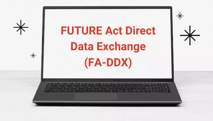 黑白笔记本电脑，屏幕上有未来行为直接数据交换(FA-DDX)字样