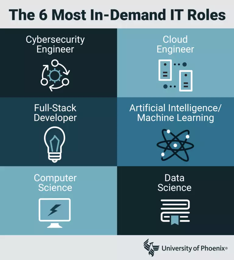 These are the 6 most in-demand IT roles. Cybersecurity Engineer. Cloud Engineer. Full Stack Developer. Artificial Intelligence/Machine Learning. Computer Science. Data Science.