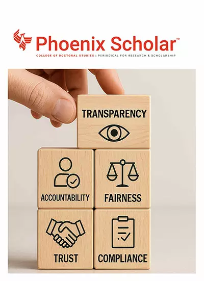 Phoenix Scholar magazine cover,  volume 9 issue 1, featuring a illustration of blocks featuring the words transparency, accountability, fairness, trust and compliance