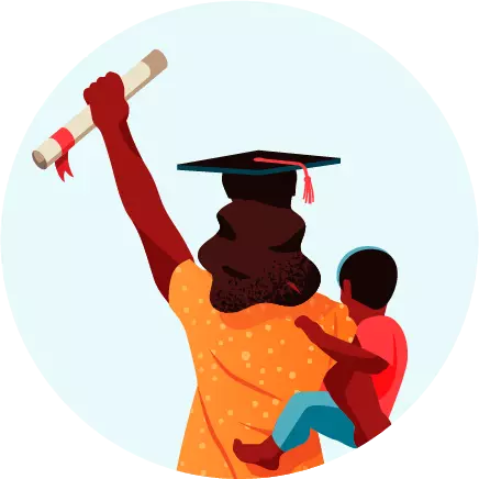 A female graduate wearing her graduation cap while holding her baby in her right arm and raising her left arm with her diploma.