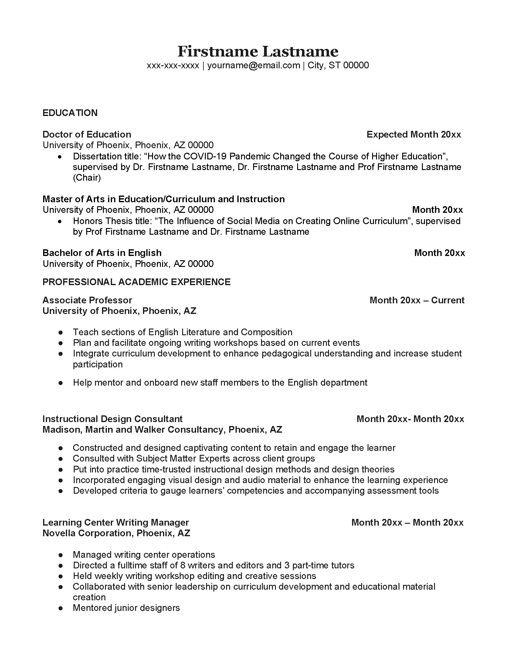 Experienced CV example