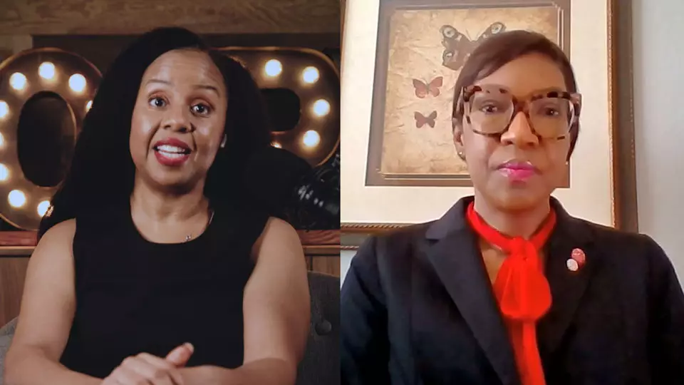 Podcast host Freda Richards and guest Towanna Brazile pictured during the taping of the podcast