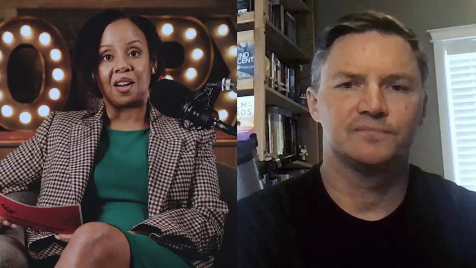 Podcast host Freda Richards and guest Brian Dickinson pictured during the taping of the podcast