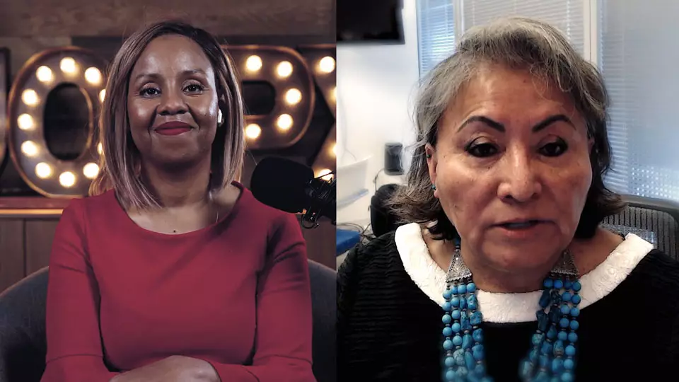 Podcast host Freda Richards and guest Roselyn Tso pictured during the taping of the podcast