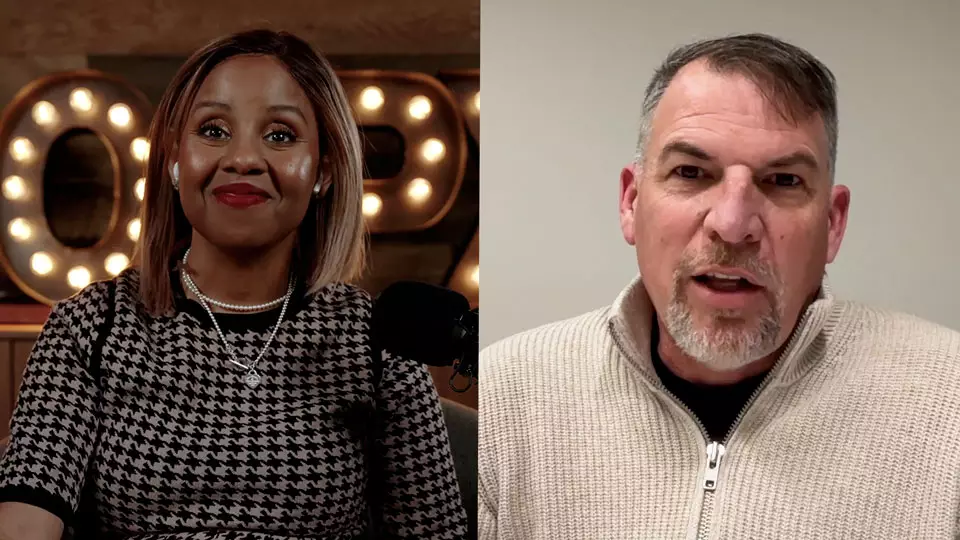 Podcast host Freda Richards and guest Rich Valerga pictured during the taping of the podcast