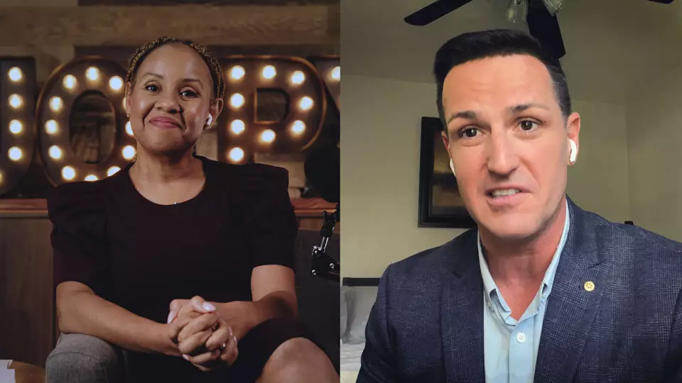 Podcast host Freda Richards and guest Scott Andrews pictured during the taping of the podcast