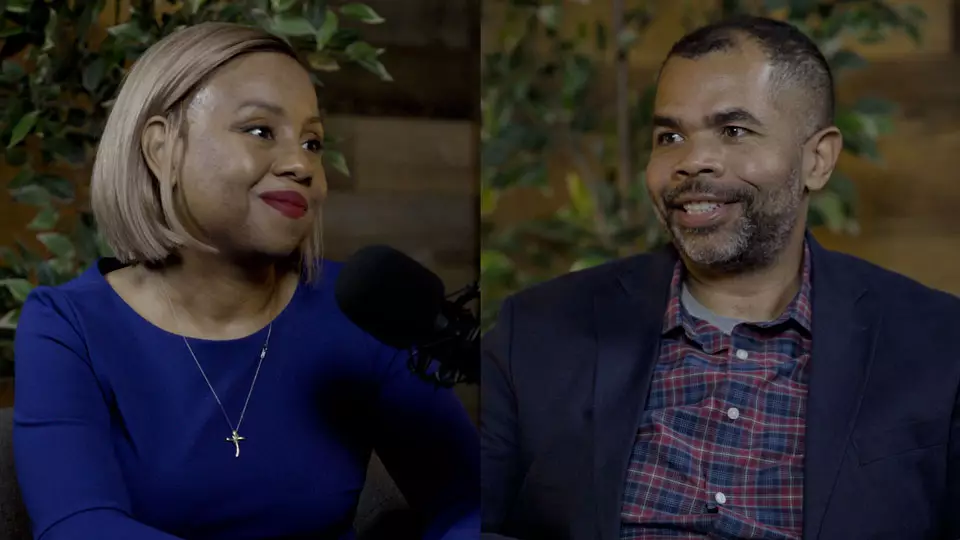 Podcast host Freda Richards and guest Stephen Paskel pictured during the taping of the podcast