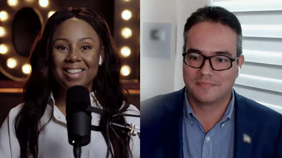 Podcast host Freda Richards and guest Dr. Fernando De La Peña Llaca pictured during the taping of the podcast