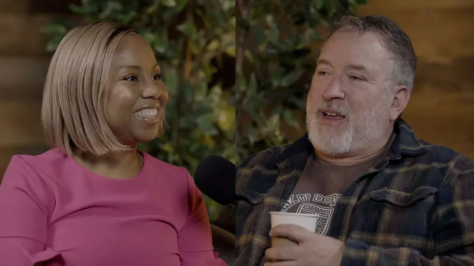 Podcast host Freda Richards and guest Pete Turner pictured during the taping of the podcast