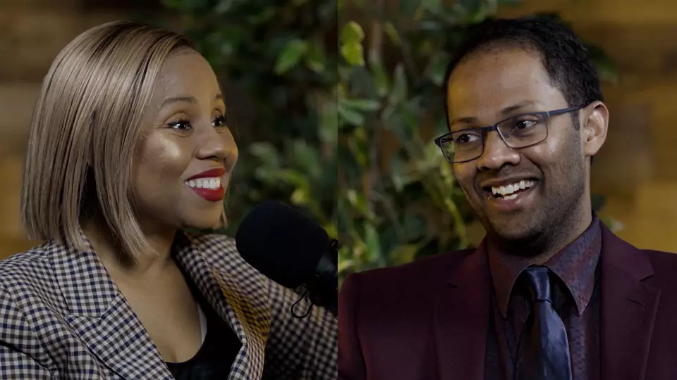 Podcast host Freda Richards and guest Dr. Sai Raghav pictured during the taping of the podcast