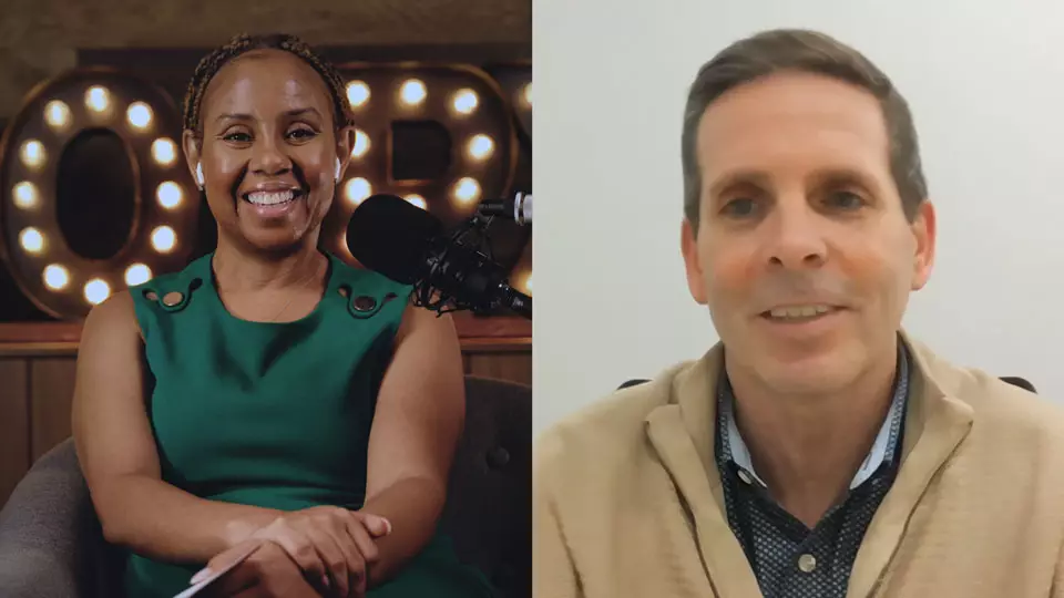 Podcast host Freda Richards and guest John Kirch pictured during the taping of the podcast