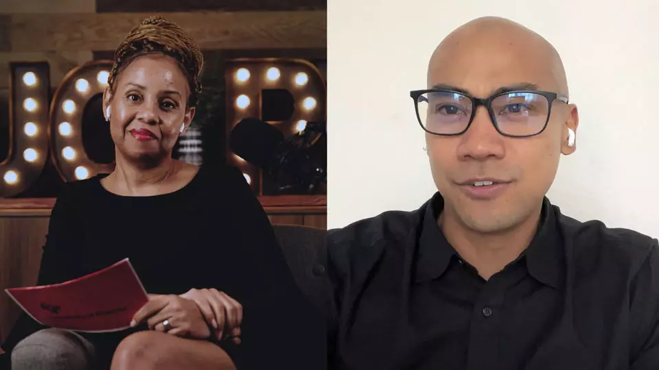 Podcast host Freda Richards and guest Gary Batara pictured during the taping of the podcast