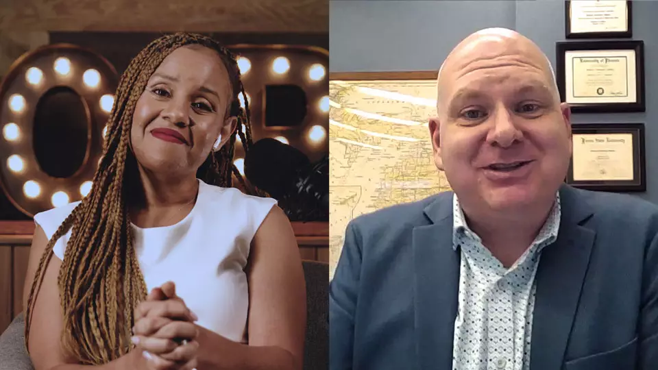 Podcast host Freda Richards and guest Matthew Phillips pictured during the taping of the podcast