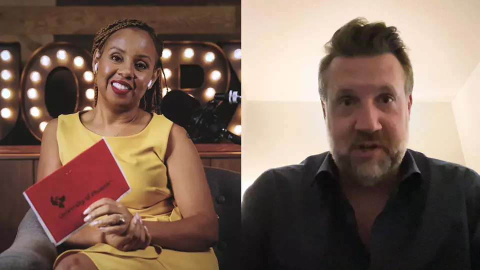 Podcast host Freda Richards and guest Brandon Warren pictured during the taping of the podcast