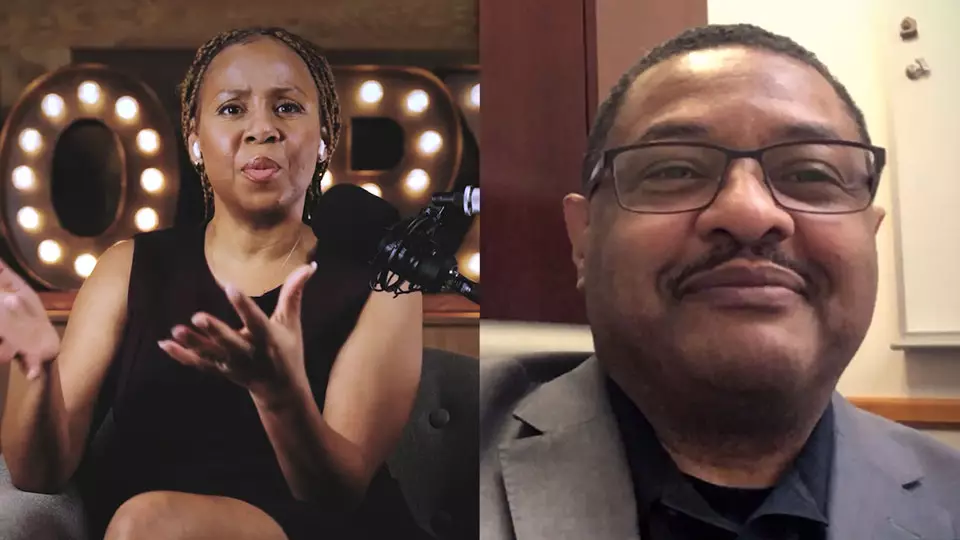 Podcast host Freda Richards and guest Patrick Smith pictured during the taping of the podcast