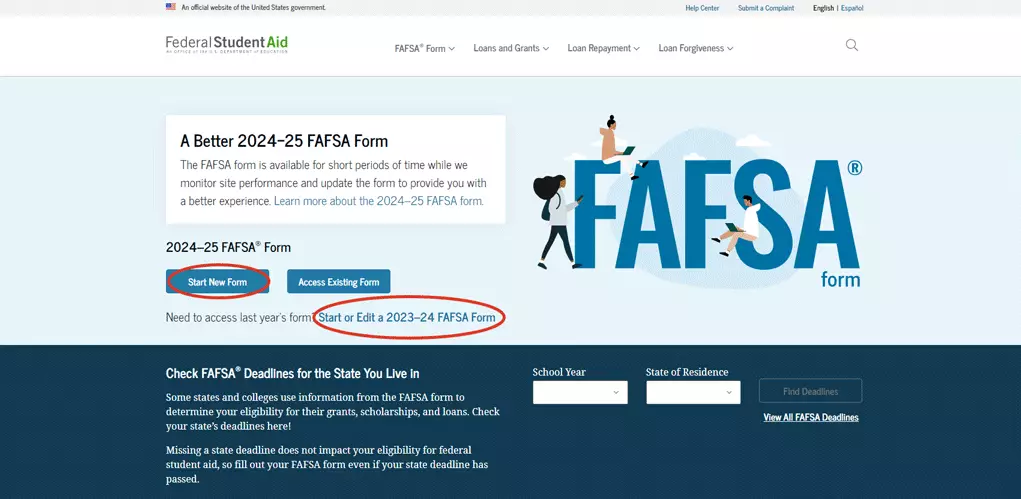 Screenshot of FAFSA home page with options "Start new form" and "Start of edit a 2023-2024 FAFSA form" circled in red.