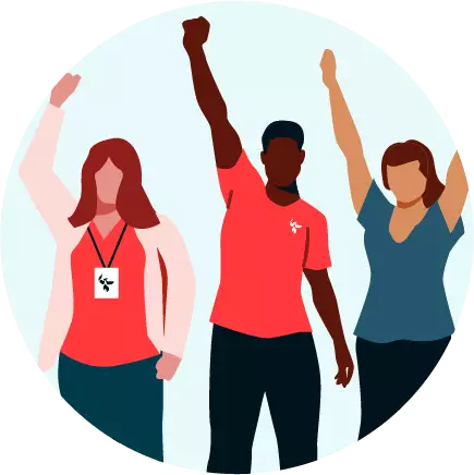 Three diverse people cheering with their right arm raised in the air