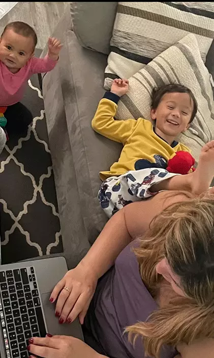 Family snapshot of Lea with her two children while working from home