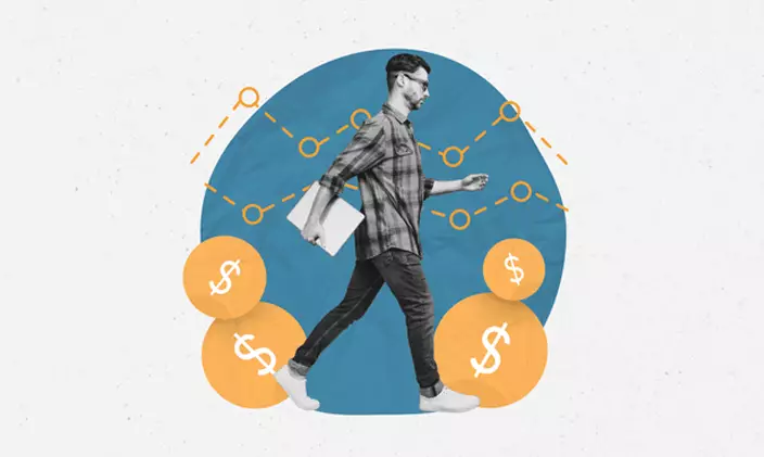 A student walking with a book in hand. Dollar signs appear in the background. 