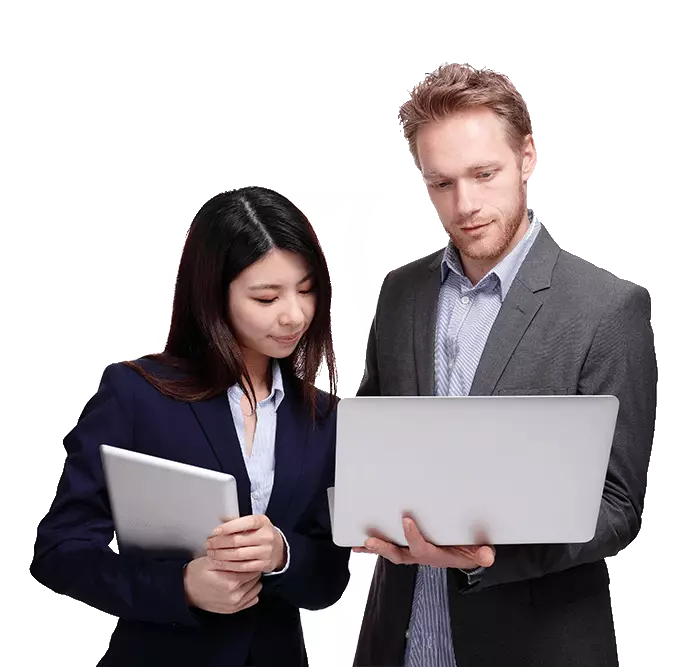 Two colleagues using a laptop computer