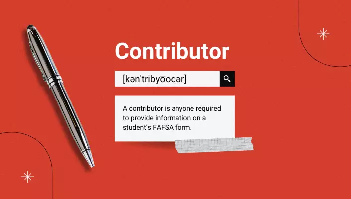 black and white pen on red background with dictionary definition of contributor