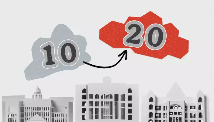 black and white university building with grey and red clouds with numbers 10 and 20