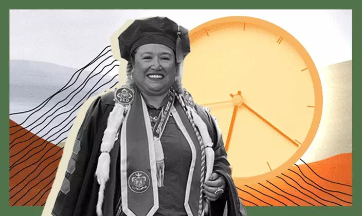 Stylized image of Gloria Littlemouse, PhD, in graduation regalia against a desert backdrop