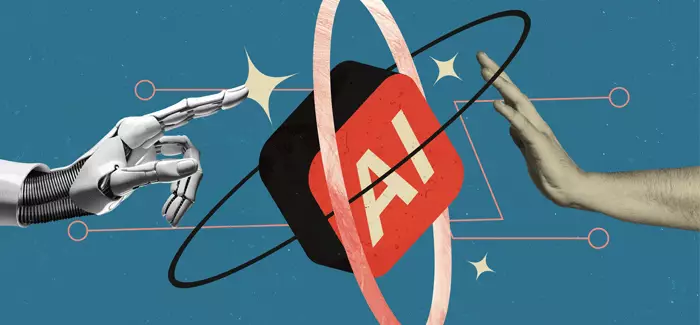 Similiar to Michael Angelo's The Creation of Adam, we see a robotic finger pointing toward an AI symbol with a human hand reaching out on the other side,  to signify benefits of artificial intelligence