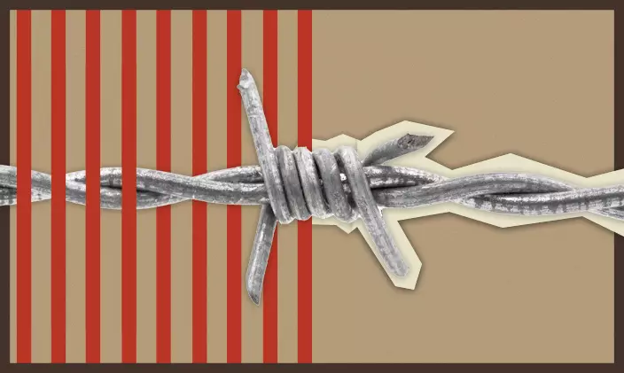 Illustration of barbed wire over a tan background with red vertical stripes