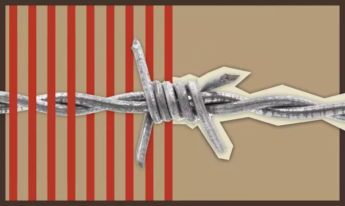 Illustration of barbed wire over a tan background with red vertical stripes to signify careers in corrections