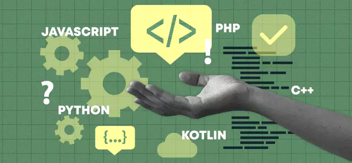 A hand holding a coding symbol with other relevant programming language symbols and program names floating around it