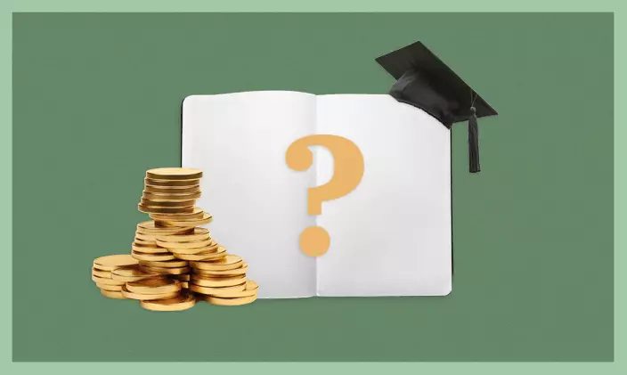 An imagine of a question mark with a graduation cap and a stack of coins to signify education and tuition