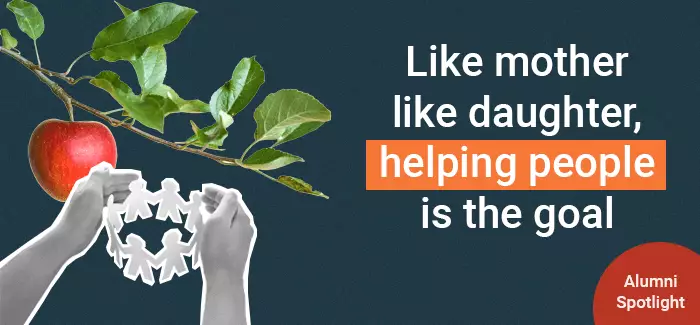 Montage illustration of an apple on a branch, a pair of hands holding paper cutouts of people and the words, "Like mother like daughter, helping people is the goal" for these UOPX alumni Kelly and Jenny Guire