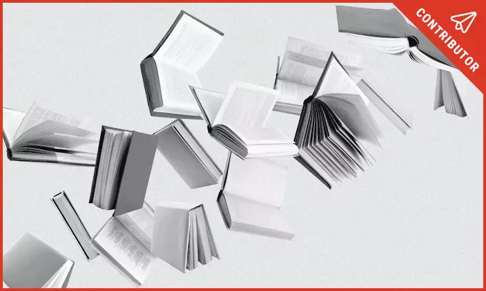 Imagery of books flying open in the air