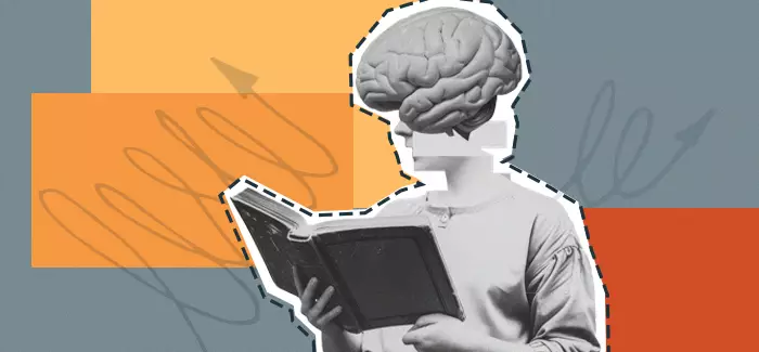 A person with a brain instead of a face reading a book to signify 'studying psychology'