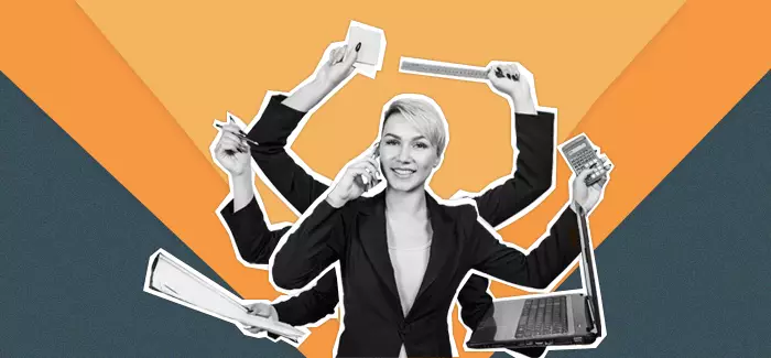 A business woman with eight hands all holding business items to signify how people with careers in project management have to balance multiple priorities