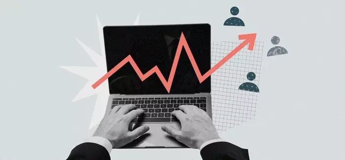 Businessman working on a laptop with icons of people and a graph to symbolize how to create a business structure.