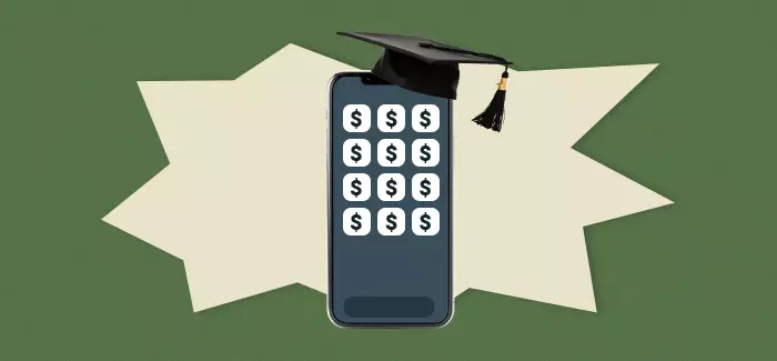 Money signs on a phone with a graduation cap to signify apps for college