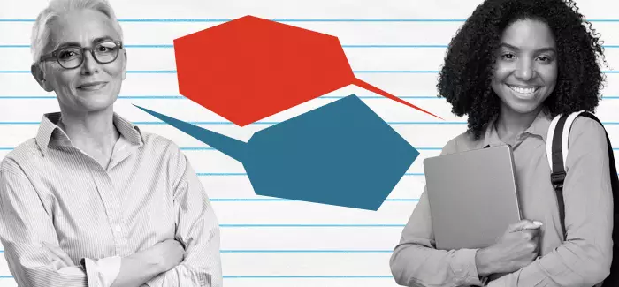 An older woman in glasses and a younger female student with speech bubbles to represent how to build a relationship with online instructors