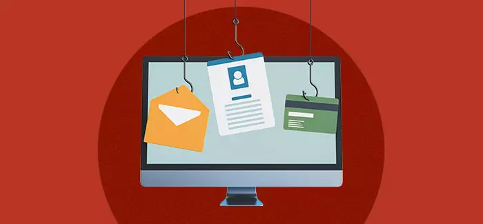 A computer screen with an envelope, ID badge and credit card hanging from it by fishing hooks to represent  phishing and spear phishing