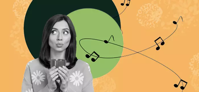 High school music teacher holding a cup of coffee and daydreaming about music with musical notes swirling around in the background.