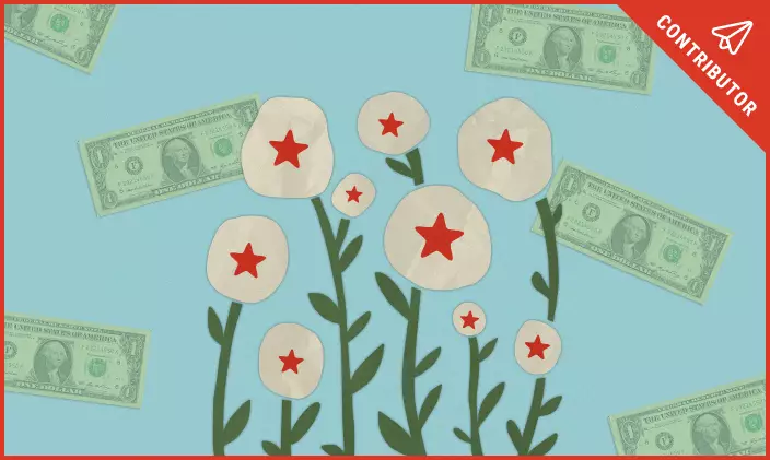 cutout flowers with star centers surrounded by dollar bills on light blue background with red border