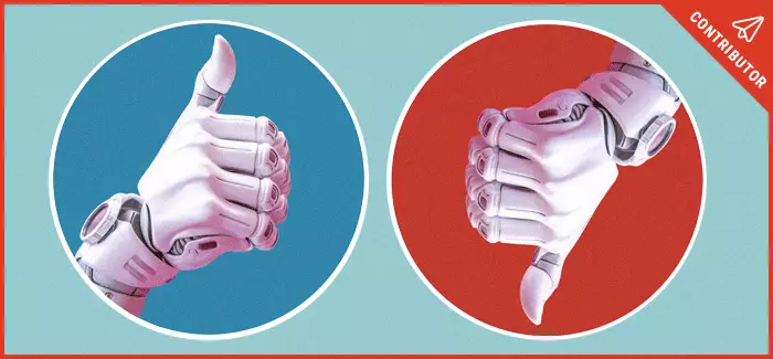 Two cyborg hands giving a thumbs up and thumbs down against blue and red circles to show if artificial intelligence is bad or good.