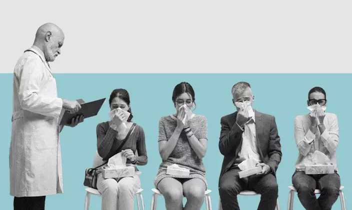 a doctor waiting to see a line of sitting patients, visibly sick with tissues to their noses