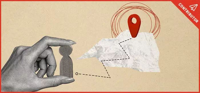 A person's hand holding a figure of a person, getting ready to go from point A to point B to signify personal development and intellectual growth