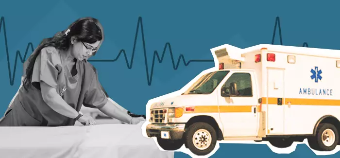 An ER nurse prepping a bed with an ambulance in sight