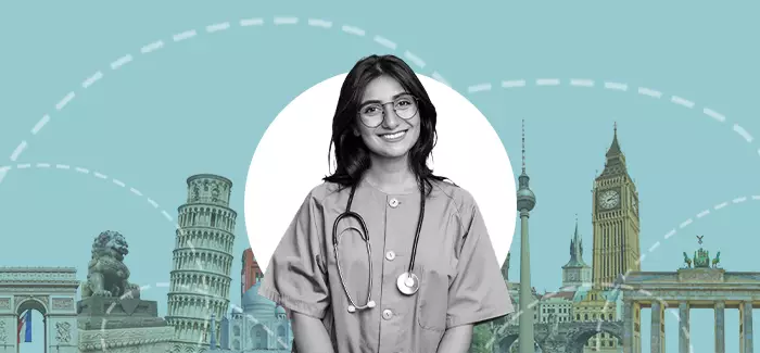 An international nurse smiling in front of world famous locations