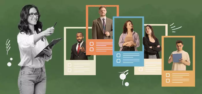 A female marketing professional looking at resumes to represent marketing interview questions