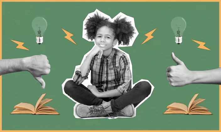 Young student in the middle of a collage with lightbulbs and books to signify learning theory