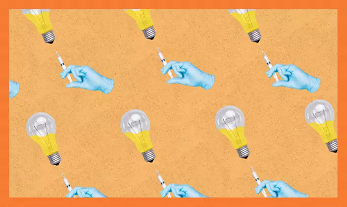 series of gloved hands injecting lightbulbs against orange background